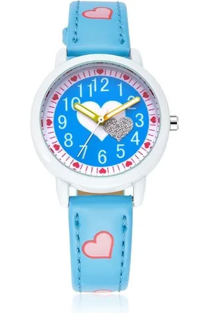 Lazy Cat Meisjes Horloge - Hartjes – Leren Bandje – Blauw - Girls Watch