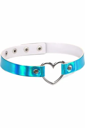 KIMU Choker Iridescent Blauw Hartje - Holografisch Collar Ketting Sexy Festival