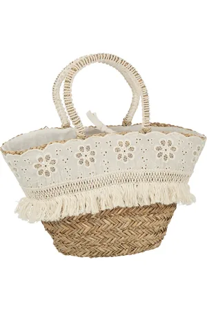 J-line Strandtas Bloemen+franjes Zeegras Nat/creme - 59x16x30cm