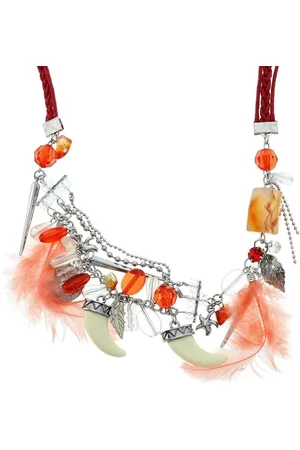Behave Rode ketting van gevlochten touw met veer, munt en blad hangers
