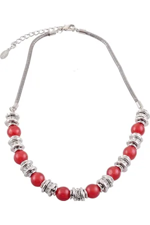 Behave Ketting - Zilverkleur met Rode Kralen en transparante Kristal steentjes - 46cm lang + 7 cm verlengketting