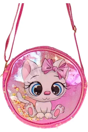 S.Y.W Schoudertasje Rond - Wit Poesje Roze Strik - - Glitters & Pluche & Pailletten - 17cm