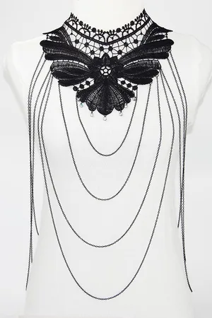 KIMU Body Chain Kant Kraagje - Lichaamsketting Victoriaans Sexy Lace Buikketting Lichaam Ketting Harnas - Steampunk Collar Zwarte Choker Festival