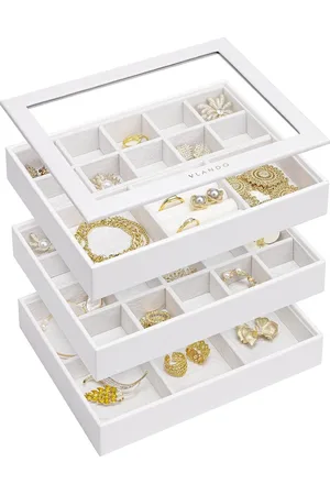 Merkloos Stapelbare sieradenbakjes met glazen deksel, sieradendoos, dames met 3 niveaus, sieradenorganizerladen van zacht fluweel, lederen opbergdoos, sieradendoos voor ringen, oorbellen, kettingen