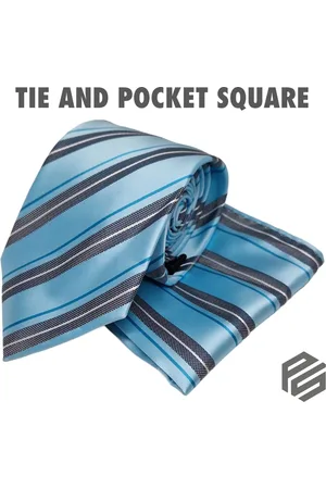 Merkloos Mens Tie and Pocket Square set High Quality Sky Blue with stripe shine