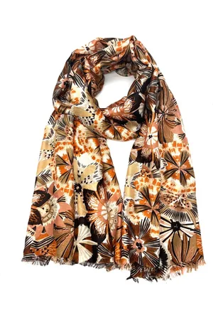 Merkloos Lange dames sjaal Andrea fantasiemotief bruin wit beige zwart camel goud abrikoos