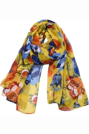 Merkloos Gele dames sjaal met blauwe en oranje klaprozen - 90 x 180 cm