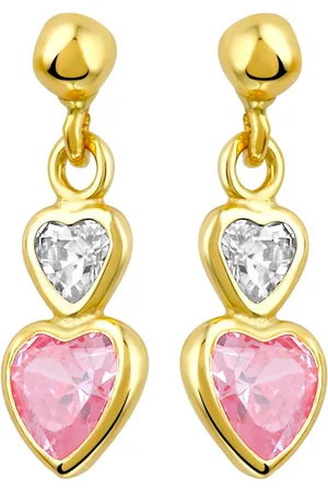 Lucardi Kinderen Oorbellen hart roze zirkonia - Oorbellen - Cadeau - 14 Karaat - Geelgoud