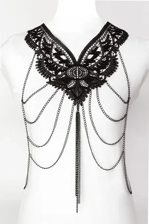 KIMU Body Chain Kant Lace - Lichaamsketting Victoriaans Sexy Buikketting Lichaam Ketting Harnas - Steampunk Collar Zwarte Festival
