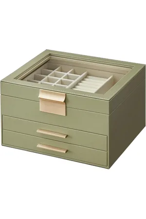 Merkloos Sieradendoos met glazen deksel-2 laden-avocadogroen-goud-opbergruimte-JBC239C02