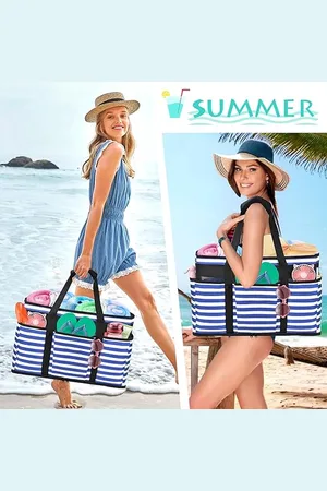 Merkloos Extra grote strandtas voor dames met ritssluiting, waterdichte strandtassen met nat vak, zomerdraagtas, grote schoudertas voor strand, vakantie, winkelen, reizen