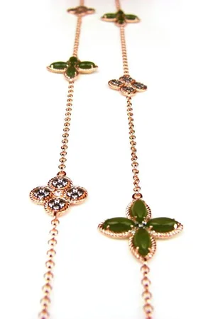 SOPHIE Lange zilveren collier halsketting roos goud verguld Model Refined Repitition gezet met groene kaki stenen