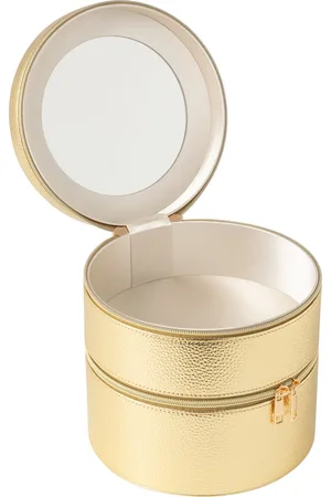 J-line Cosmetica Doos Rond+spiegel Kunstleder Goud - 19.5x19.5x19.5cm