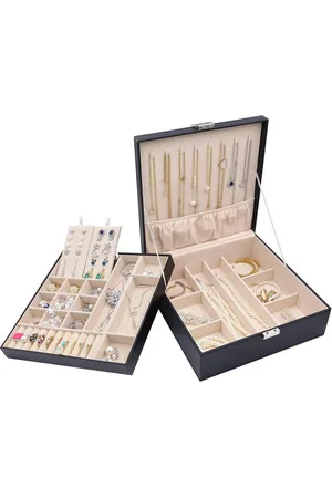 Merkloos Sieradendoos Organizer voor Ketting Oorbellen Armbanden Ringen Accessoires Grote PU-lederen Opbergkoffer met Dubbele Laag Meisjes Dames -Zwart