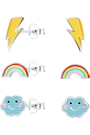 JYC Joy|S - Zilveren wolkje | bliksem | regenboog oorbellen - set 3 paar - kinderoorbellen