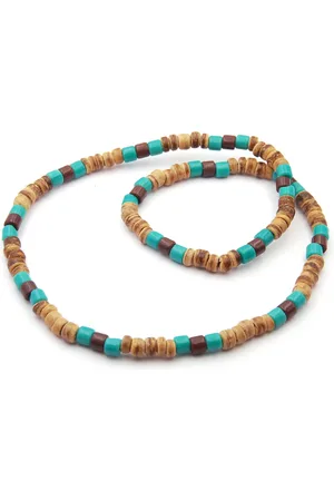 No Evil Herenketting surflook met kokoskralen en groene en bruine glaskralen lengte 45 cm