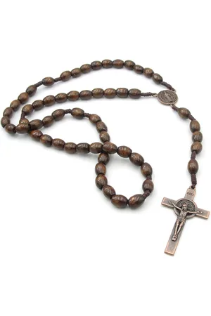No Evil Bruine rozenkrans ketting met ovalen houten kralen en bronskleurig metalen kruisje