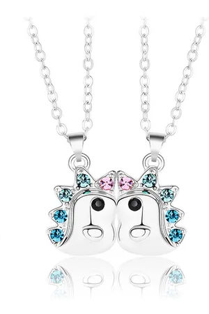 Bixorp Friends BFF Ketting voor 2 met Dinosaurussen - Zilverkleurig met Blauwe Zirkonia Kristalletjes - Magnetische Vriendschapsketting - Twee Helften Best Friends - Vriendschap Cadeau voor Twee§