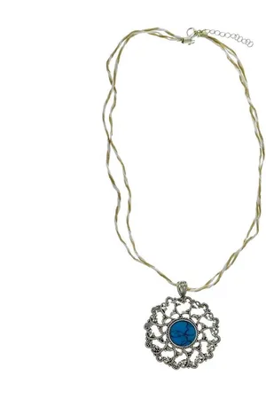Behave Ketting met beige koord en vintage hanger met blauwe steen