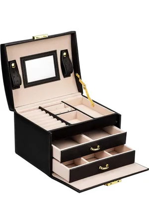 Merkloos Sieradenkoffer - afsluitbaar - 3 niveaus - 2 laden - spiegel - ringen - oorbellen - halskettingen - armbanden - zwart