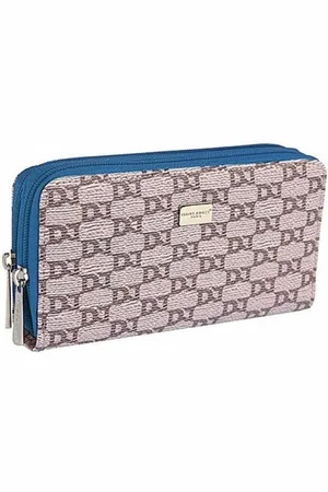 David Jones Dubbele Rits Portemonnee - Beige met Blauw- logo print
