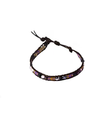 Silventi 710401498 Wikkelarmband met Kralen - Paars - Leer - - Kralen - 24CM - Bras - Knoopsluiting