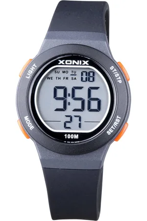 XONIX BBE-005 - Horloge - Digitaal - Kinderen - Unisex - Rond - Siliconen band - ABS - Cijfers - Achtergrondverlichting - Datumaanduiding - Alarm - Start-Stop - Chronograaf - Tweede tijdzone - Zwart - Grijs - Oranje - Waterdicht - 10 ATM