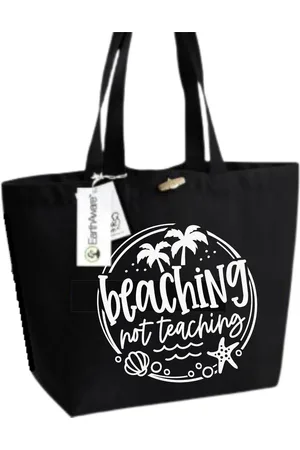 Merkloos Strandtas - juf - beaching not teaching - cadeau - strand - opbergen - schoudertas - shoppen - shoppingbag