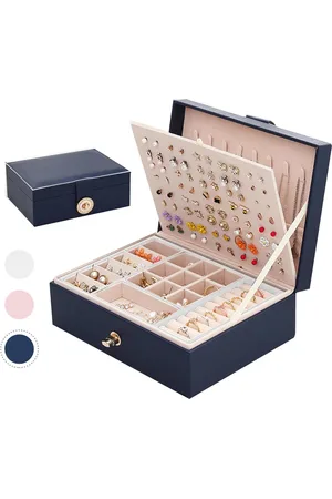 Merkloos Grote sieradendoos met 2 niveaus - opbergkoffer voor sieraden, make-up en horloges - blauw