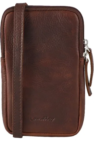 Landley Compact Leren Dames Telefoontasje - Antique Vintage Pull-up Leer - Donker Cognac /