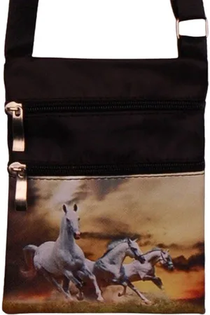 S.Y.W Schoudertasje - Witte Paarden Galop op Vlakte - Zwart - Verstelbaar - 19x14,5cm