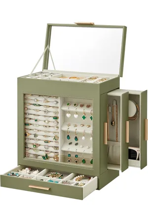 Merkloos Sieradendoos, sieradendoos 5 niveaus, sieradendoos met glazen ramen, zijladen, grote spiegel, sieradenopslag, 15,5 x 26,1 x 32 cm, lauriergroen-metallic goud JBC162C02