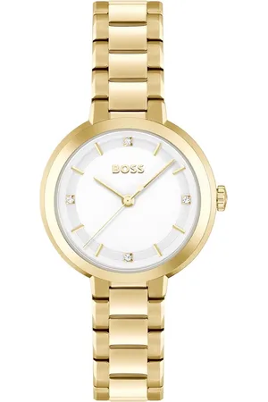 HUGO BOSS HB1502758 SENA Dames Horloge - Mineraalglas - Staal - Goudkleurig - 34 mm breed - Quartz - Vouw/Vlindersluiting - 3 ATM (spatwater)