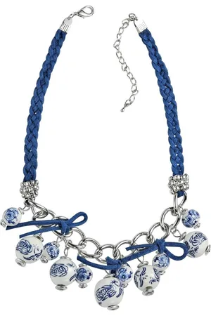 Behave Delftsblauwe ketting met gevlochten suede koord