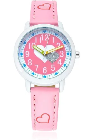 Lazy Cat Meisjes Horloge – Roze met Hartjes – Leren Bandje - Girls Watch