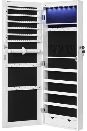 Merkloos Hangende sieradenkast - wandgemonteerde sieradenkast - witte sieradenorganizer - MDF-constructie - grote spiegel - LED-verlichting - afsluitbaar - 37 cm x 9,3 cm x 108 cm