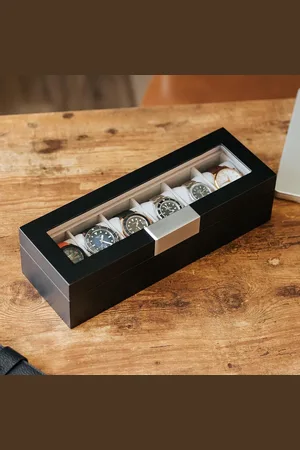 Merkloos Elegante horlogedoos van hout voor 6 horloges met vitrine - zwart - luxe design.
