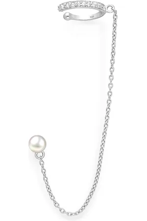 EAR IT UP Ear cuff met ketting en oorbel - Zoetwaterparel - Gerhodineerd zilver - Zirkonia - Pavézetting - 14 x 76 mm - 1 stuk