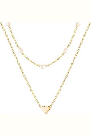 Jaynoi Ketting met hartje en parel kleurig staal (2-delig) - Ketting met hanger dames kleurig staal hart en parels - Kettingen dames goudkleurig - Koppel meisjes ketting sieraden ketting