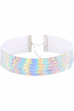 KIMU Choker Streepjes Iridescent - Holografische Ketting Halsband Collar PVC - Sexy Zilveren Nekband Regenboog Pastel Halsbandje Halsketting Y2K 90