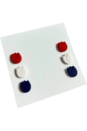 2 Love It Tulp Holland - Pack van 3 paar oorknoppen - Diameter 1.3 CM - Stainless steel - Polymeerklei - Lichtgewicht - - Wit - Blauw