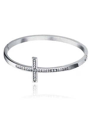 Cilla Jewels Zilverkleurige Bangle Damesarmband Edelstaal met Steentjes en Kruis