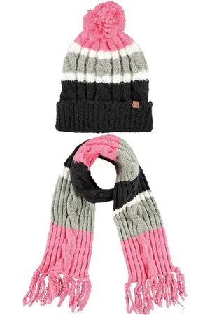 sarlini Luxe kinder winterset sjaal en muts roze/grijs - Warme winter mutsen en sjaals voor kinderen