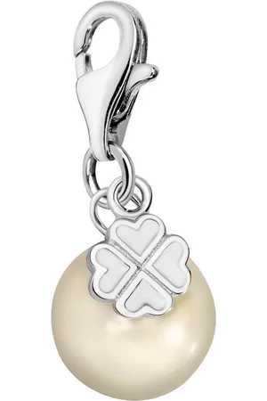 quiges – 925 - Zilver – Charm - Bedel - Hanger - Kunst Parel met Klaver - met – sterling - zilver - karabijnslot - geschikt - voor -Bedelarmband HC184