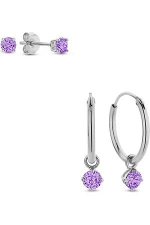 Silventi 9SIL-SET0010 Zilveren Set Oorringen met hangertje en Oorknopjes met Zirkonia - 15mm Doorsnee - Knopjes 3mm - - Rhodium - Zilver