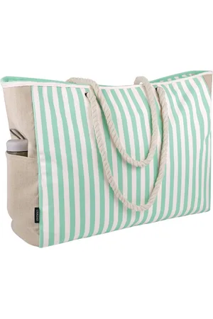 Merkloos Strandtas voor dames XXL familie badtas met ritssluiting - zanddicht canvas reizen strandtas - gestreept groen - XX-Large beach bag