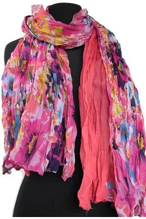 Merkloos Dames sjaal met bloemen - gekreukt viscose - - roze - blauw - geel - turquoise - crème - 110 x 180 cm