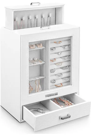 Merkloos Jewellery Box with Glass Window - 3 Drawers - Earrings Bracelets Rings Watches - Velvet Lining - Gift Idea - White
