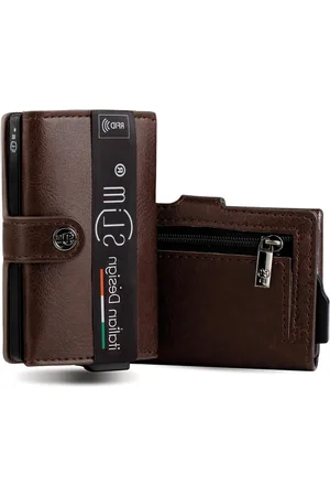 Merkloos Creditcardhouder RFID-bescherming anti-kloon koolstofvezel bruin PU Con Zip Modern - uniseks Leer