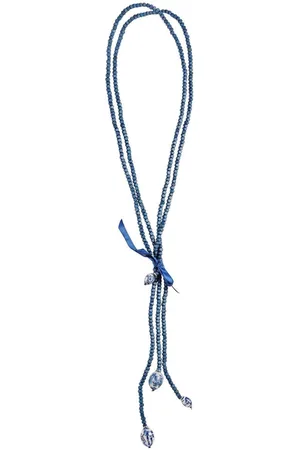Behave Lange ketting met kleine vierkante houten kraaltjes, strikje en delftsblauwe kralen